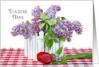 Nana’s Birthday lilac bouquet with single red tulip card