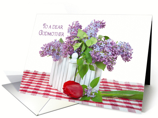 Godmother's Birthday-lilac bouquet with single red tulip card