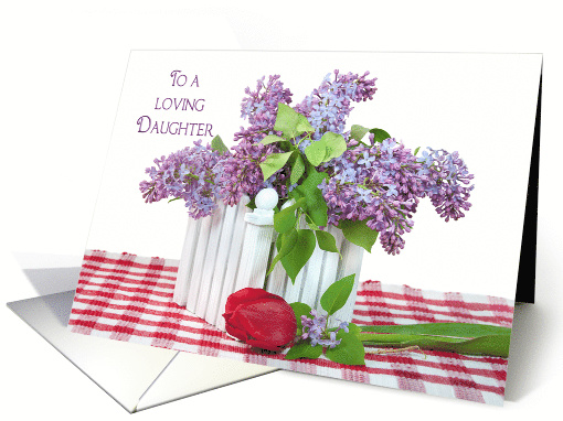 Daughter's Birthday lilac bouquet with single red tulip card (1137126)