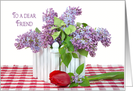 Friend’s Birthday lilac bouquet with single red tulip card