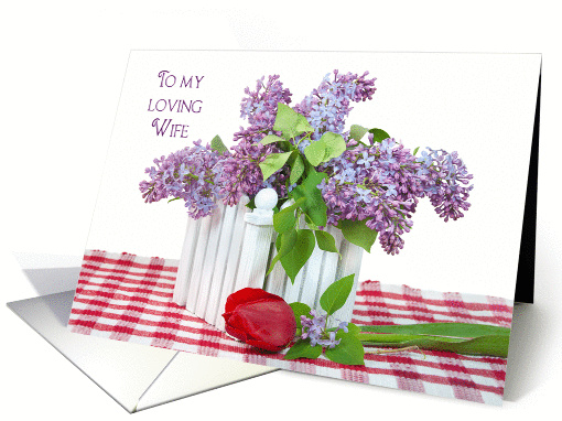 Wife's Birthday-lilac bouquet with single red tulip card (1137150)