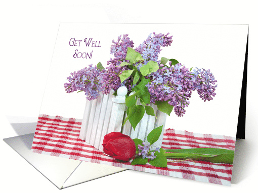 Get Well Soon lilac bouquet with single red tulip card (1137174)
