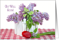 Get Well Soon lilac bouquet with single red tulip card