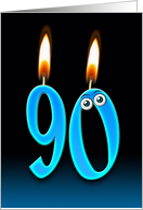 Dad’s 90th Birthday, candle flames and eyeballs on 90 text card