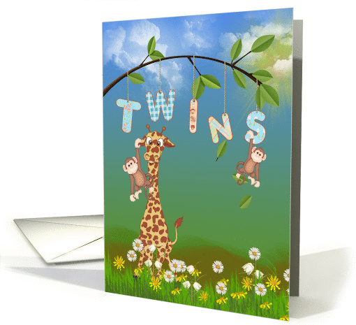 Twins Congratulations for sister - jungle giraffe and monkeys card