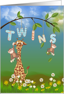 Twins Congratulations for sister - jungle giraffe and monkeys card