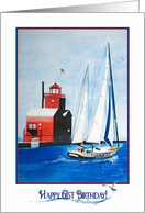 61st Birthday watercolor art of sail boat and red Michigan lighthouse card