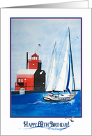 69th Birthday watercolor art of sail boat and red Michigan lighthouse card