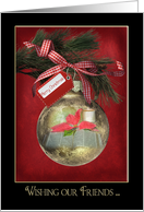 Christmas gold ornament with Bible for friends from couple card