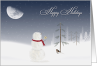 Happy Holidays snowman with gold star decoration with moon card