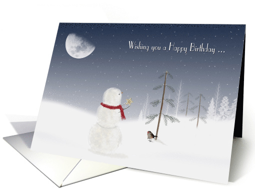 Birthday at Christmas time, snowman with gold star and moon card