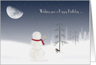 Birthday at Christmas time, snowman with gold star and moon card