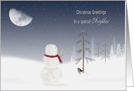 Neighbor’s Christmas snowman with gold star and moon card