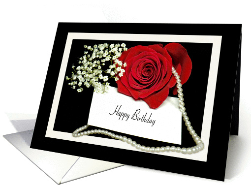Birthday - red rose with a string of pearls on black card (1155808)