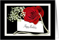 Birthday - red rose with a string of pearls on black card