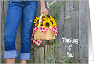 Thinking of You, girl wearing blue jeans with basket of sunflowers card
