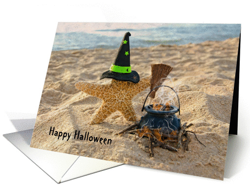 Halloween starfish on the beach with witch's hat card (1157294)