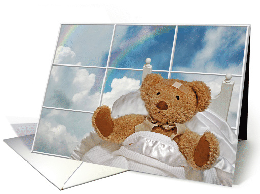 Get Well Soon for granddaughter teddy bear in bed with rainbow card
