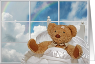 Get Well Soon for granddaughter teddy bear in bed with rainbow card