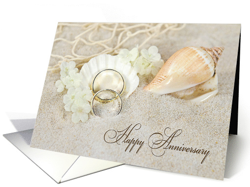 Anniversary for Wife wedding rings and seashells in beach sand card