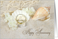 Anniversary for Wife wedding rings and seashells in beach sand card