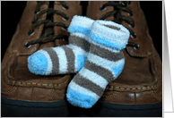 Dad’s birthday, baby boy socks on man’s shoes card