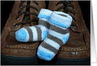 Father’s Day from baby Son, baby boy socks on man’s shoes card