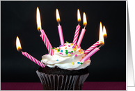 Birthday for Friend, many pink striped candles on chocolate cupcake card