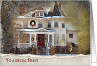 Christmas for Priest old Victorian house in snow card