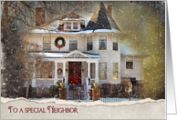 Christmas for Neighbor, old Victorian house in snow card