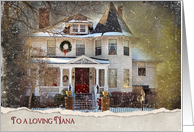 Christmas for Nana old Victorian house in snow with torn edge border card