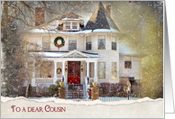 Christmas for Cousin, Old Victorian House With Snowflakes card