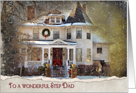 Christmas for Step Dad old Victorian house in snow card