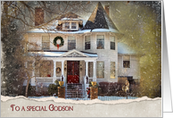 Christmas for Godson-old Victorian house in snow card