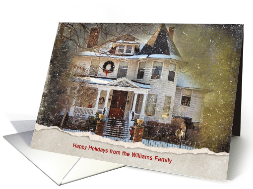 Christmas old Victorian house in snow with torn edge border card
