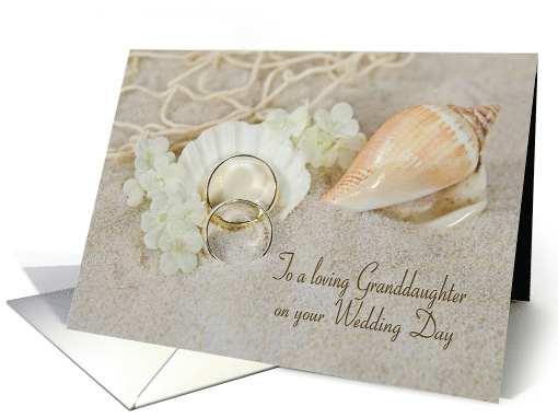 Granddaughter's wedding with rings and seashells in sand card