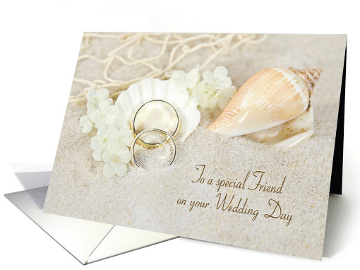 Friend's Wedding, Rings on a Seashell in Beach Sand card (1170630)