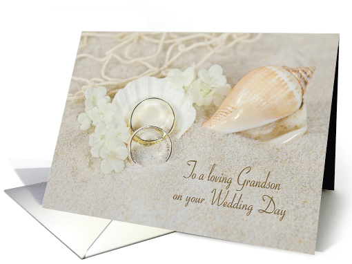 Grandson's wedding, rings in beach sand with seashells and net card