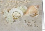 Dad’s wedding, pair of rings in beach sand with seashells and net card