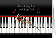Anniversary for Mom and Step Dad, red rose on piano keys card