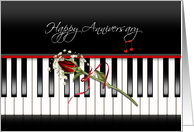 25th anniversary, red rose on piano keys card