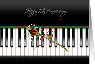 75th anniversary, red rose on piano keys card