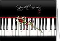 25th anniversary, red rose on piano keys with musical heart notes card