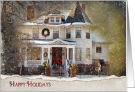 Happy Holidays-Victorian house in snow card