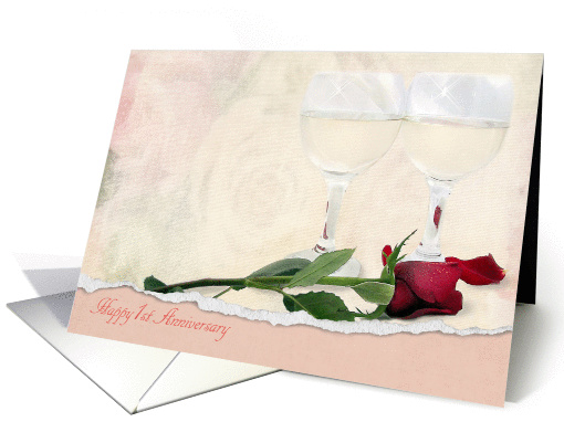 1st Anniversary for Couple with red rose and wine glasses card