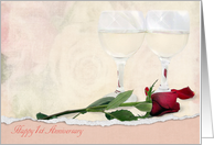 1st Anniversary for Couple with red rose and wine glasses card