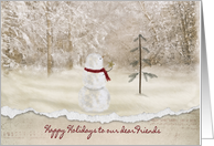 Happy Holidays for friends, snowman with gold star in woods card