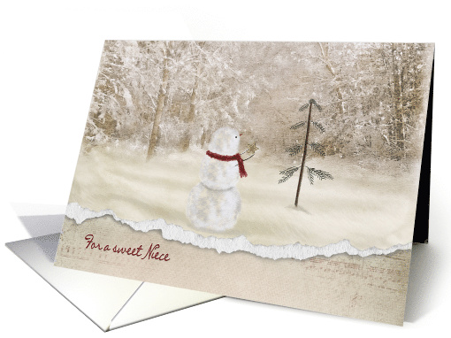 Christmas for Niece snowman with gold star in winter woods card