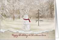 Birthday at Christmas snowman with gold star card