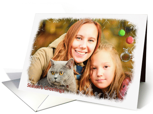 Season's Greetings-snowflake and pine photo card with ornaments card